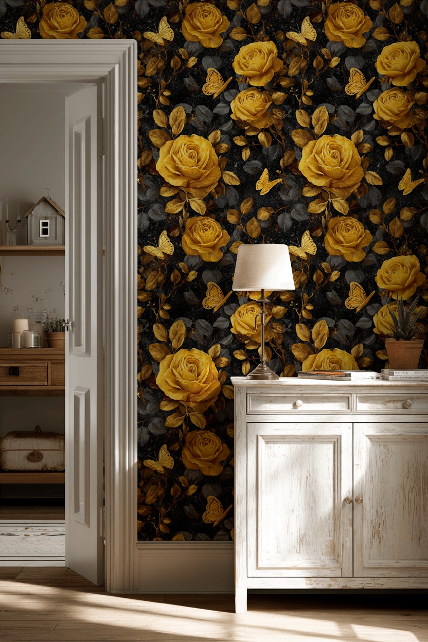 Golden Look Rose and Butterfly Dark Floral Wallpaper