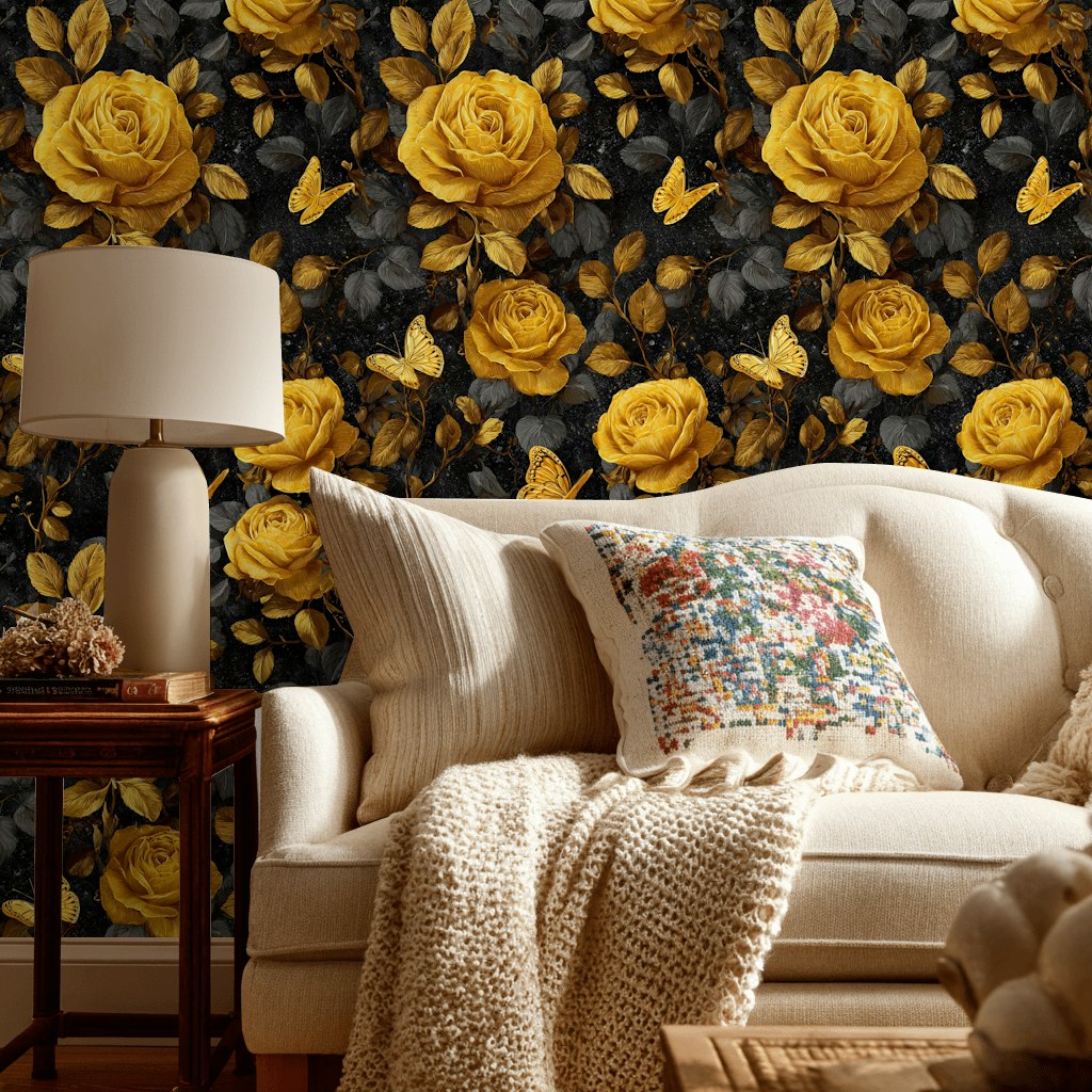 Golden Look Rose and Butterfly Dark Floral Wallpaper