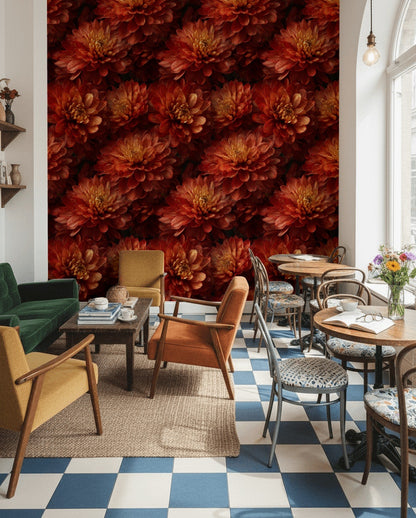 Fiery Orange Chrysanthemum Floral Wallpaper