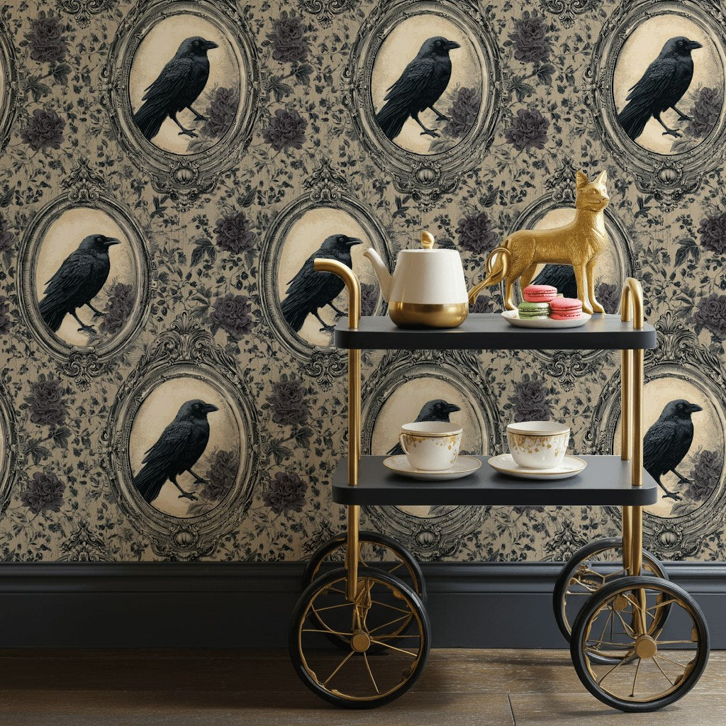 Beige and Black Vintage Bird Floral Wallpaper