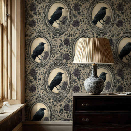 Beige and Black Vintage Bird Floral Wallpaper