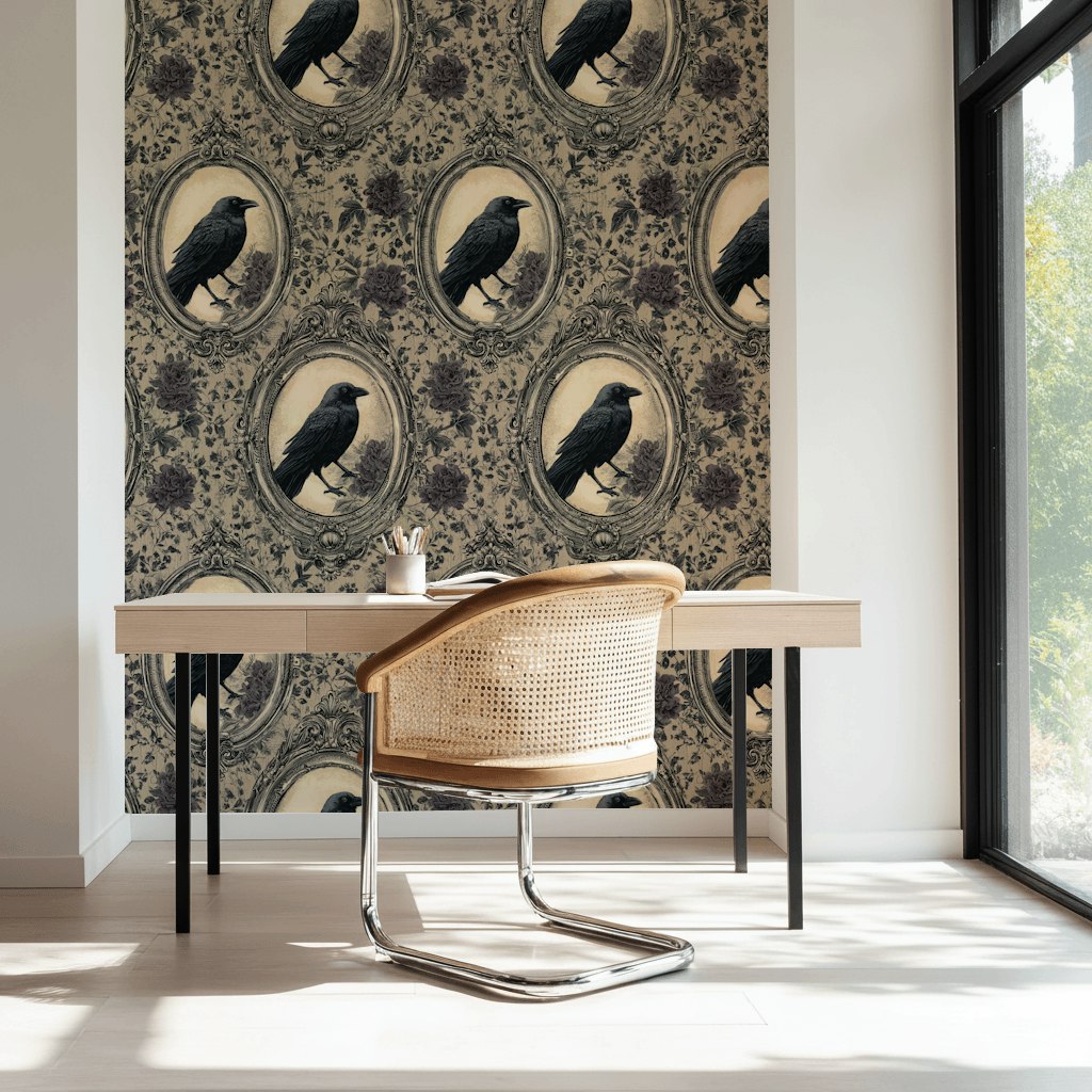 Beige and Black Vintage Bird Floral Wallpaper