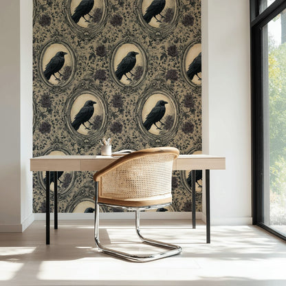 Beige and Black Vintage Bird Floral Wallpaper