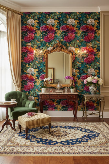 Rich Gold Look and Emerald Floral Bird Wallpaper