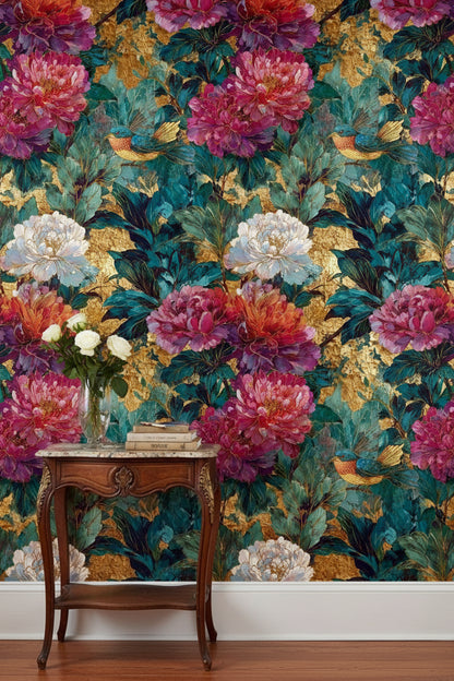 Rich Gold Look and Emerald Floral Bird Wallpaper