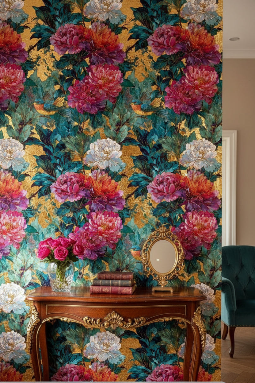 Rich Gold Look and Emerald Floral Bird Wallpaper