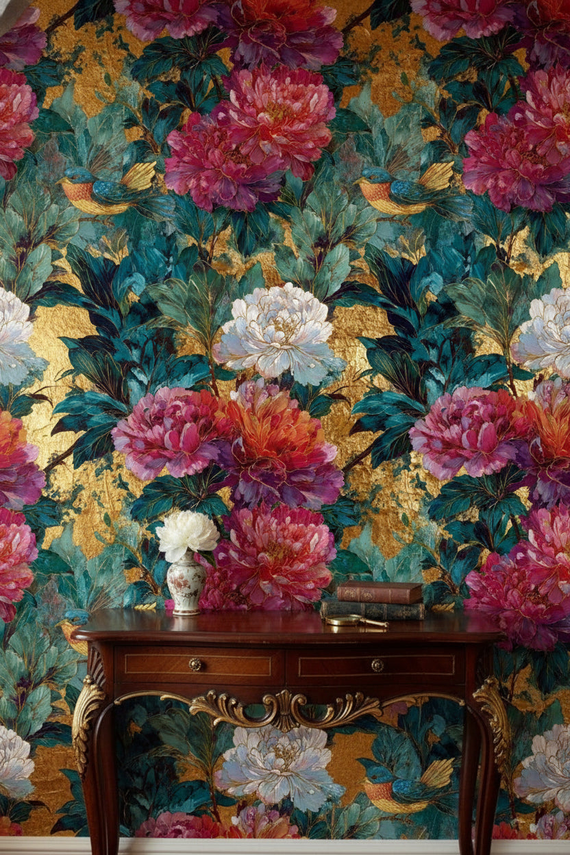 Rich Gold Look and Emerald Floral Bird Wallpaper