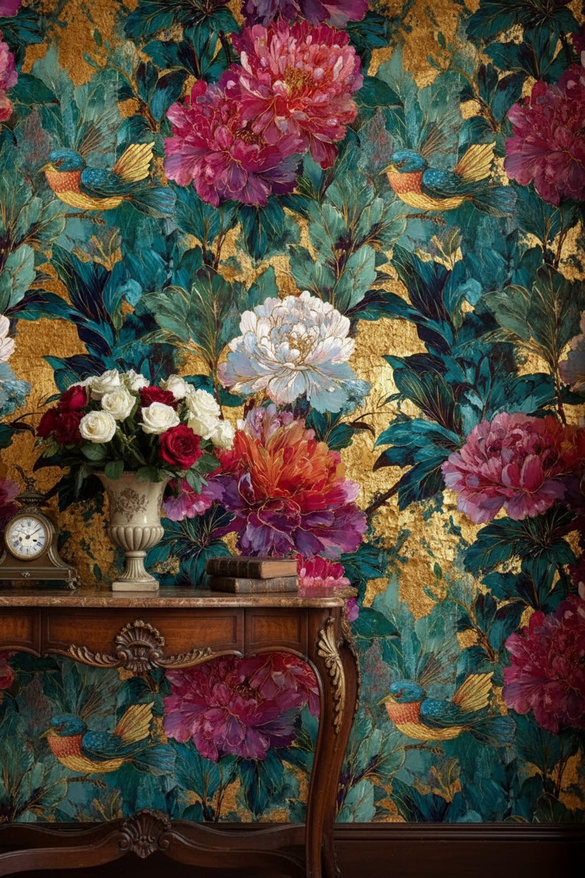 Rich Gold Look and Emerald Floral Bird Wallpaper