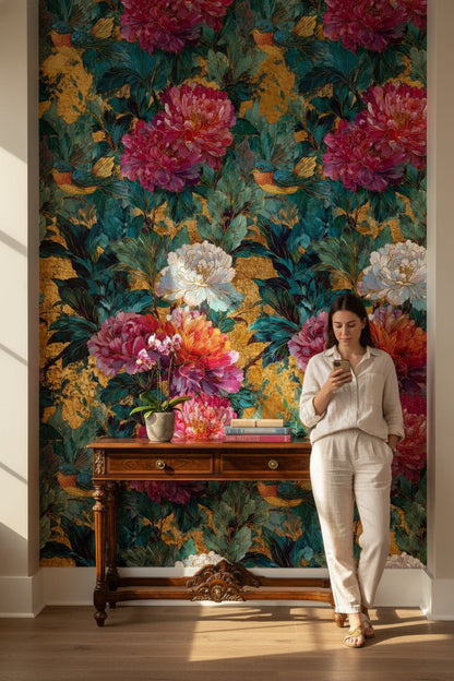 Rich Gold Look and Emerald Floral Bird Wallpaper