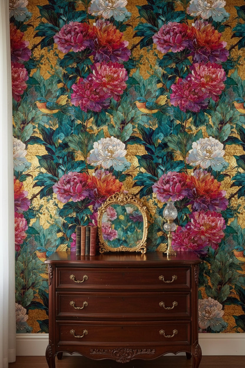 Rich Gold Look and Emerald Floral Bird Wallpaper