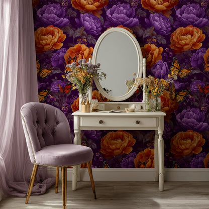 Vibrant Purple and Orange Floral Butterfly Wallpaper