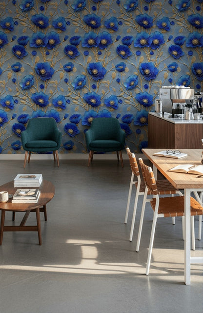 Royal Blue and Gold Look Large Floral Wallpaper