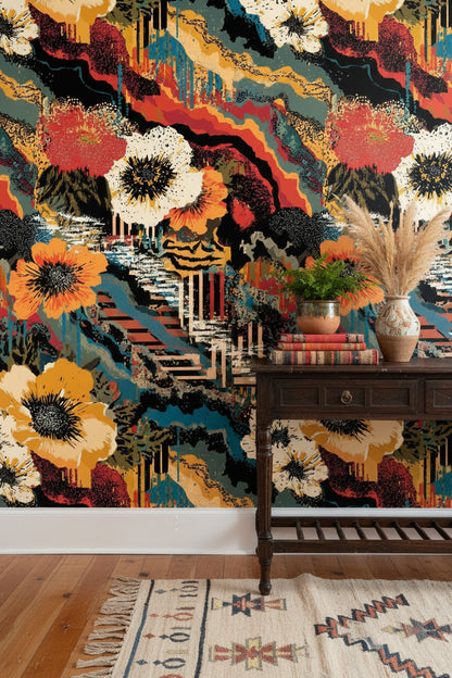 Bold Multicolor Abstract Floral Wallpaper