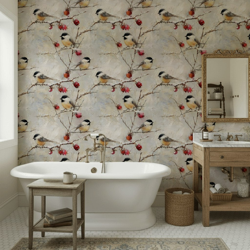 Cream Chicadee and Berry Wallpaper