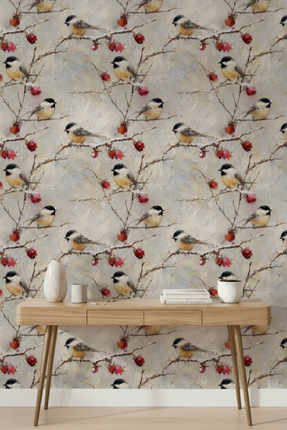 Cream Chicadee and Berry Wallpaper