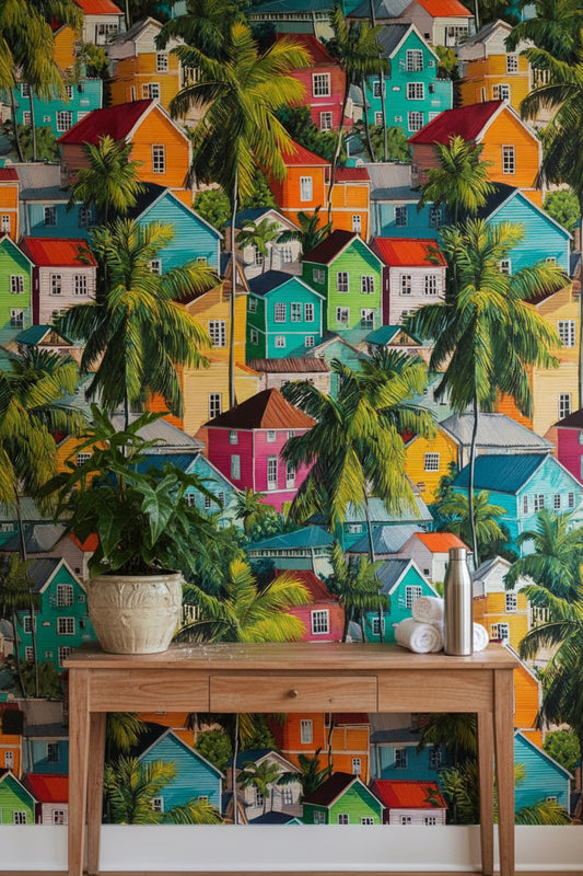 Vibrant Multicolor Tropical Houses Wallpaper