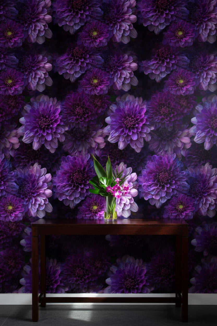 Deep Purple Large Dahlia Floral Wallpaper