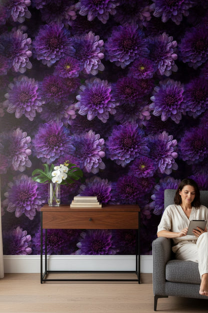 Deep Purple Large Dahlia Floral Wallpaper