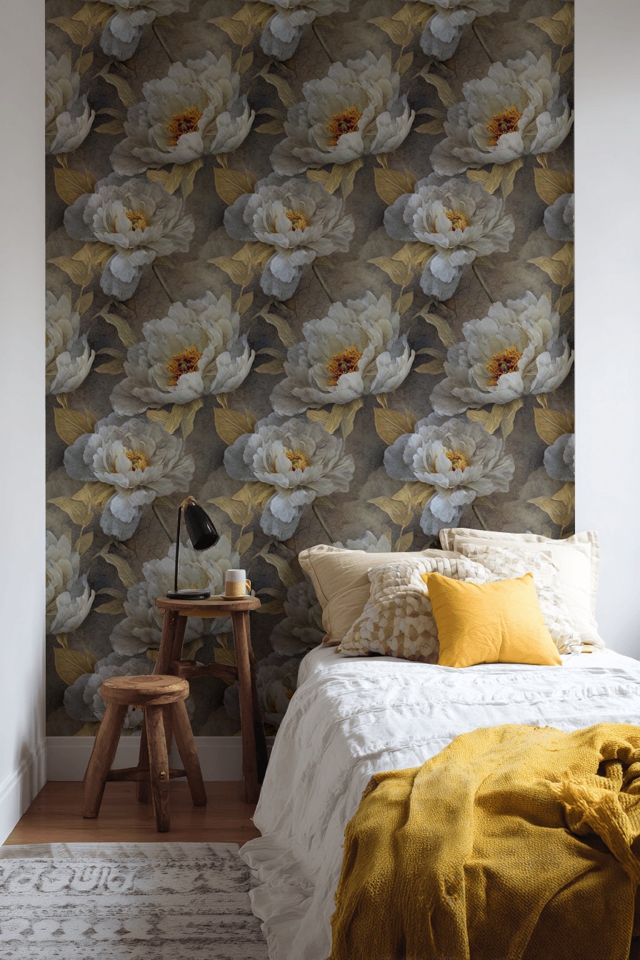 Warm Gray and Gold Look Peony Floral Wallpaper