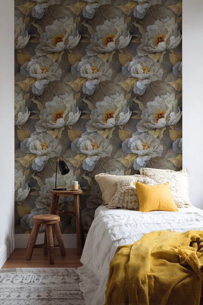 Warm Gray and Gold Look Peony Floral Wallpaper