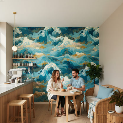 Oceanic Blue and Gold Look Japanese Wave Wallpaper