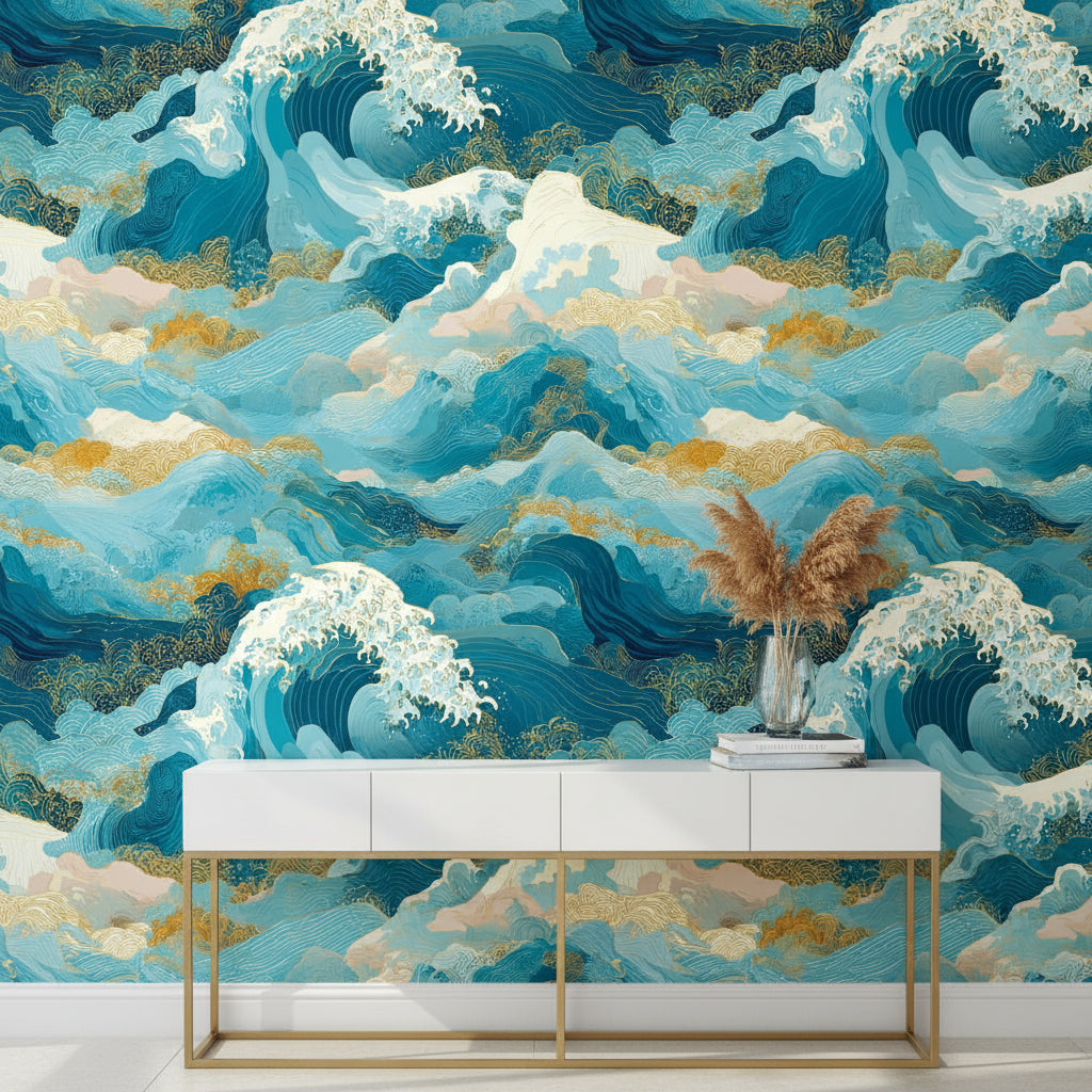 Oceanic Blue and Gold Look Japanese Wave Wallpaper