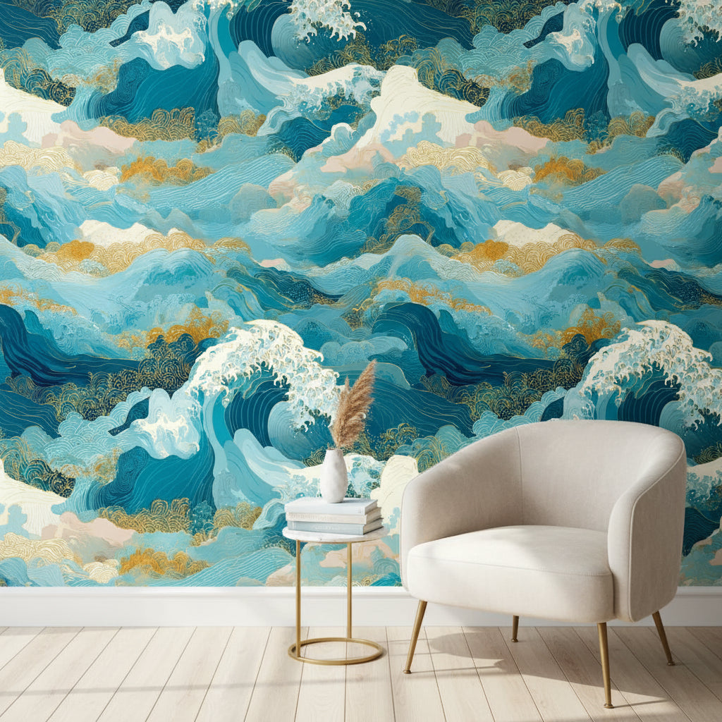 Oceanic Blue and Gold Look Japanese Wave Wallpaper