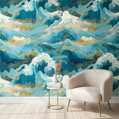 Oceanic Blue and Gold Look Japanese Wave Wallpaper