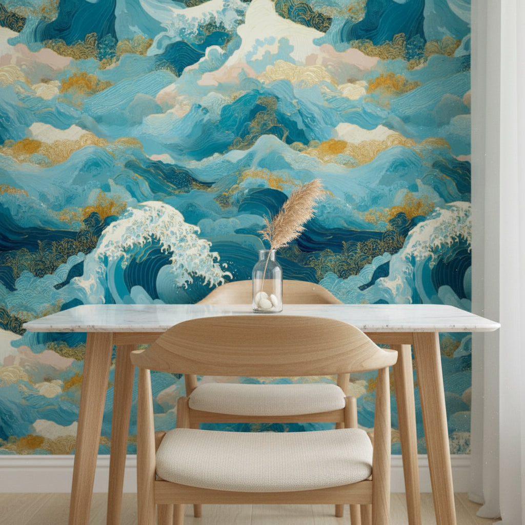 Oceanic Blue and Gold Look Japanese Wave Wallpaper