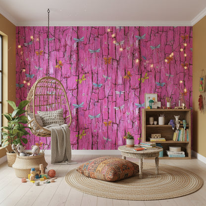 Vibrant Pink Bark and Butterflies Wallpaper
