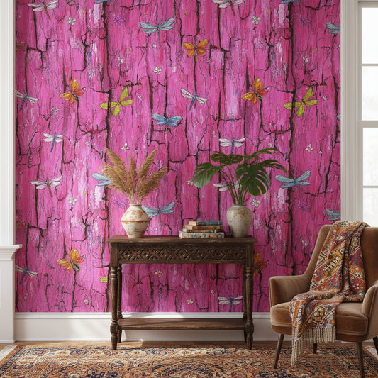 Vibrant Pink Bark and Butterflies Wallpaper
