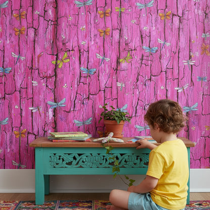 Vibrant Pink Bark and Butterflies Wallpaper