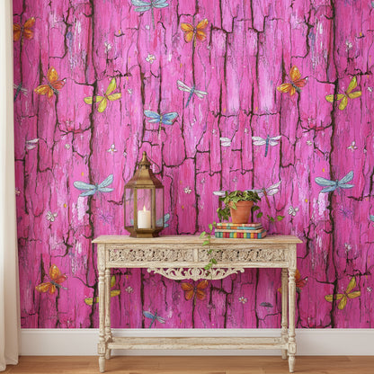 Vibrant Pink Bark and Butterflies Wallpaper
