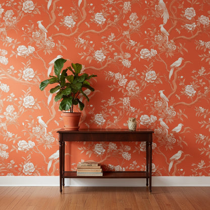 Burnt Orange Vintage Bird Floral Wallpaper