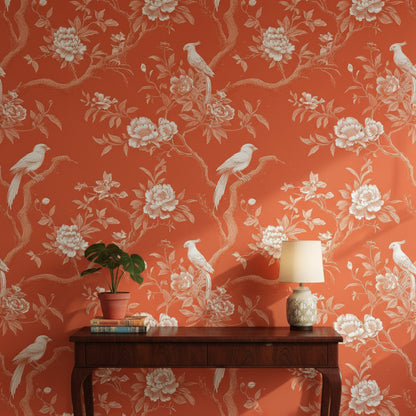 Burnt Orange Vintage Bird Floral Wallpaper