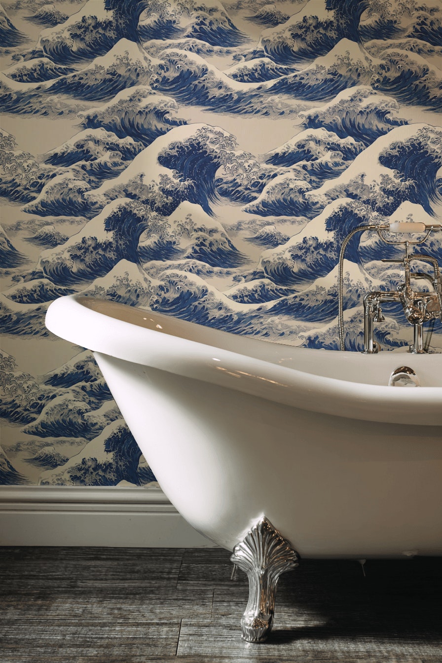 Cream and Blue Japanese Wave Pattern Wallpaper