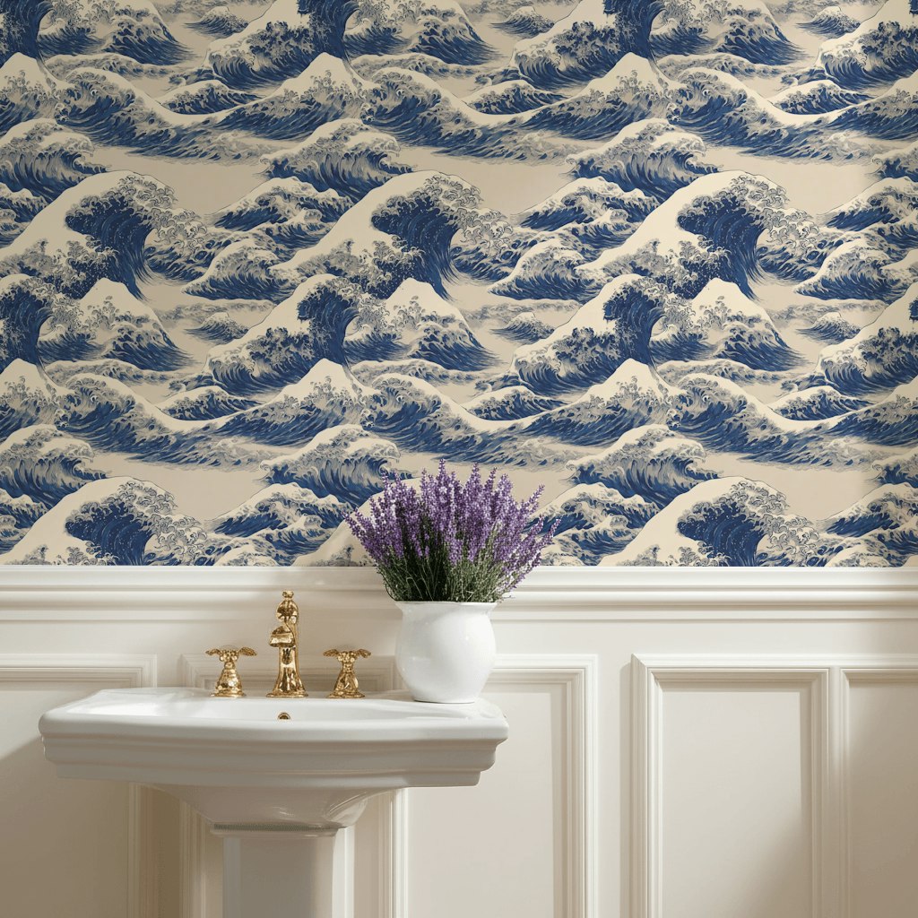 Cream and Blue Japanese Wave Pattern Wallpaper