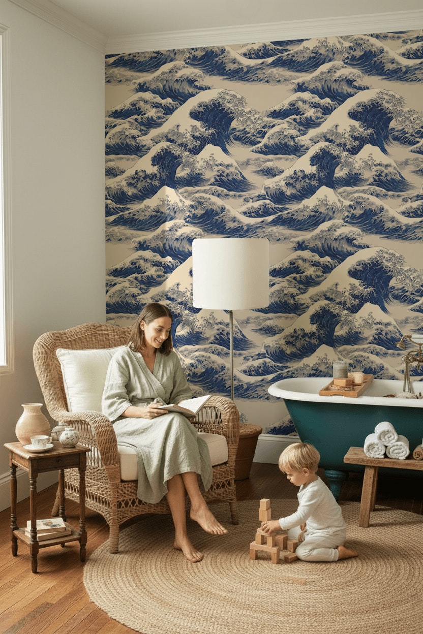 Cream and Blue Japanese Wave Pattern Wallpaper