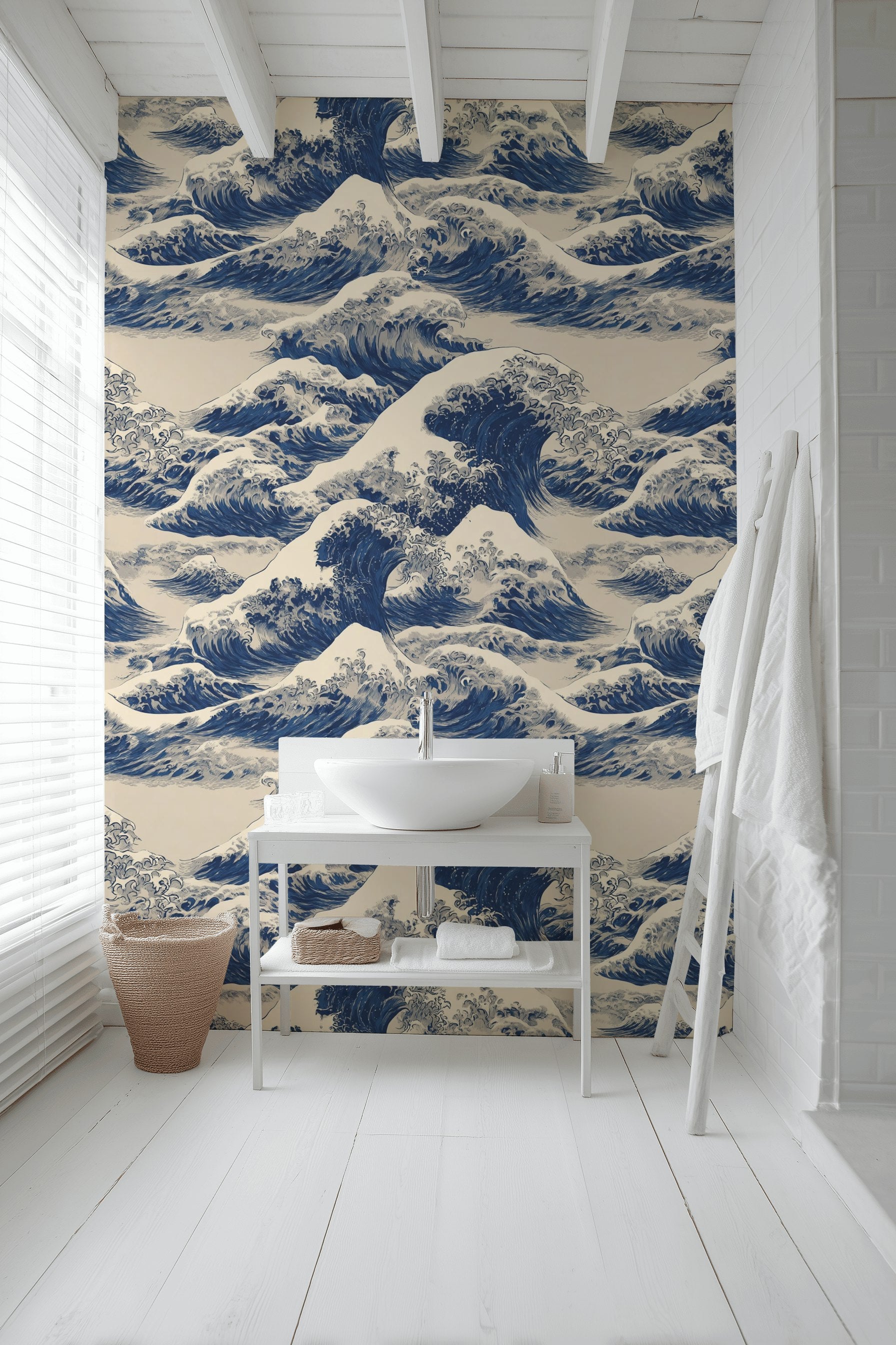 Cream and Blue Japanese Wave Pattern Wallpaper