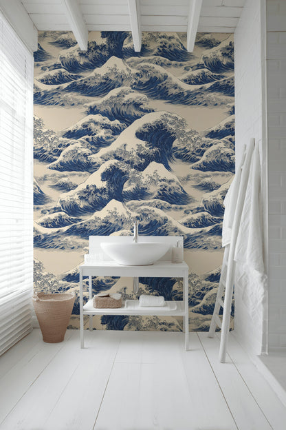 Cream and Blue Japanese Wave Pattern Wallpaper