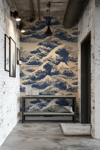 Cream and Blue Japanese Wave Pattern Wallpaper