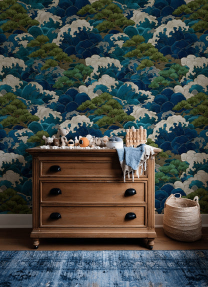 Deep Blue and Green Japanese Wave Wallpaper