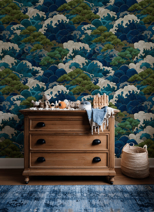 Deep Blue and Green Japanese Wave Wallpaper