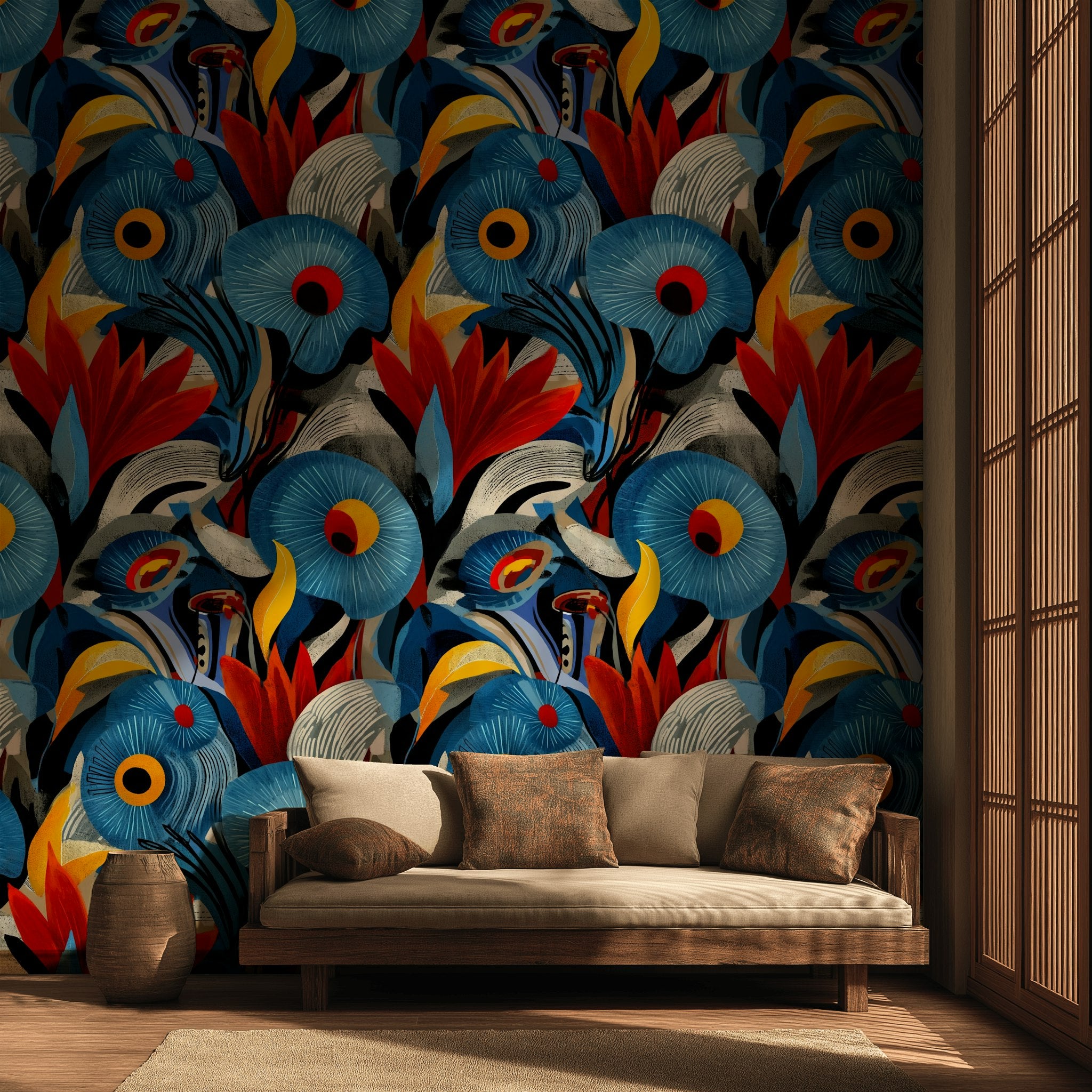 Vibrant Black Tropical Floral Burst Wallpaper