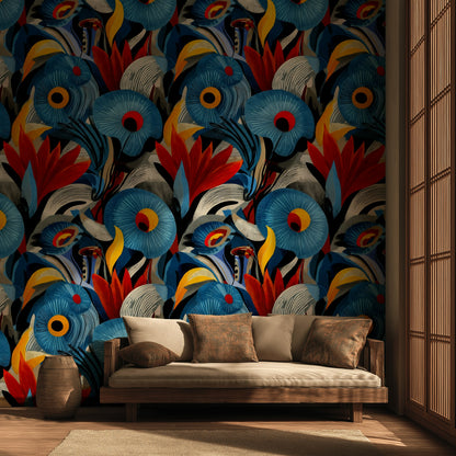 Vibrant Black Tropical Floral Burst Wallpaper
