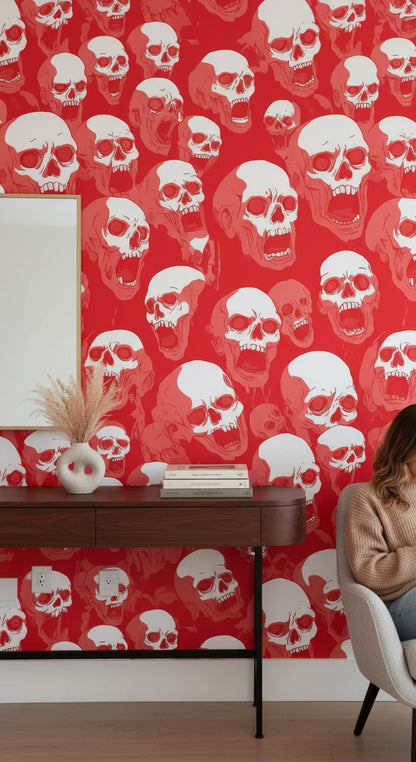 Bold Red Skull Pattern Wallpaper