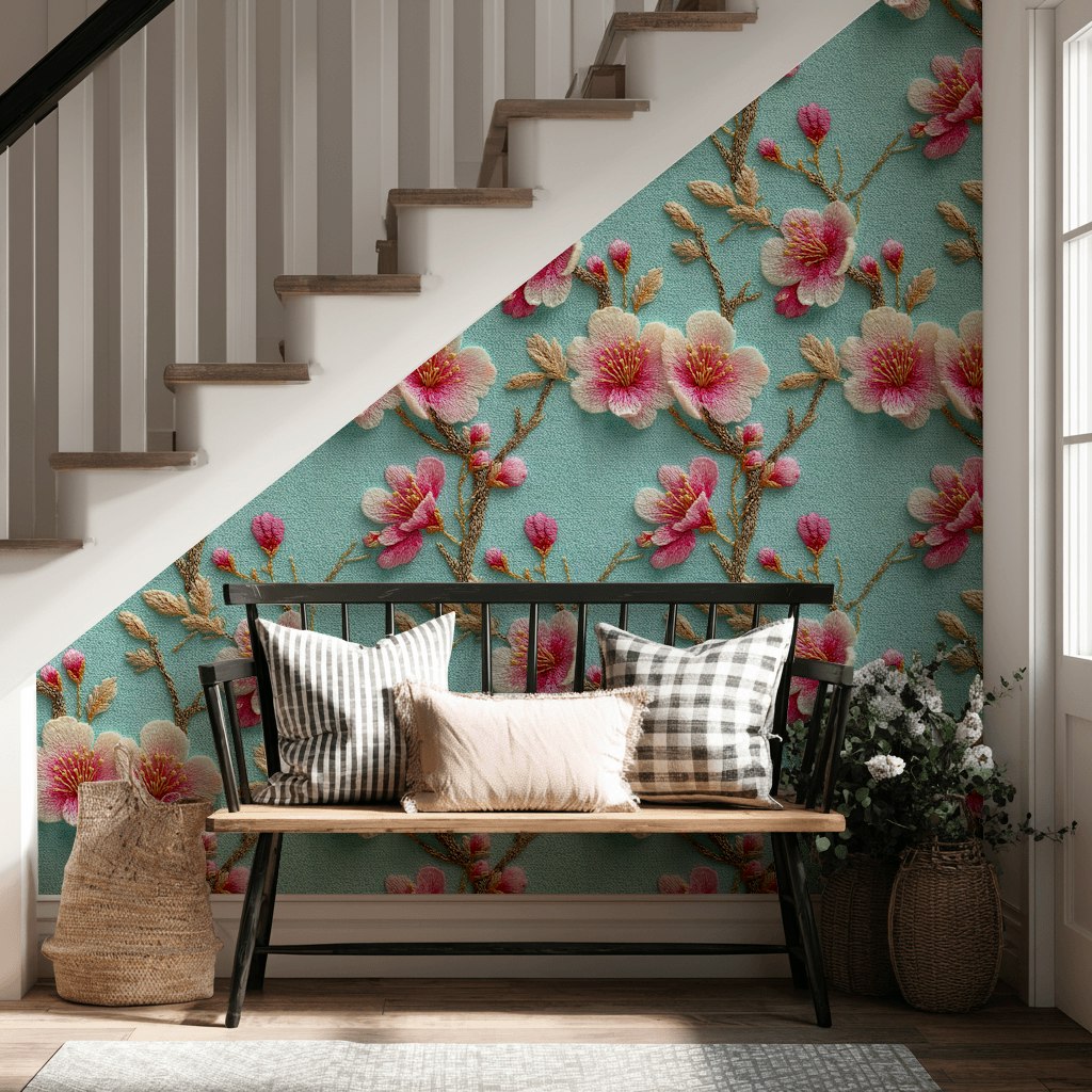 Sky Blue Cherry Blossom Floral Wallpaper