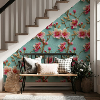 Sky Blue Cherry Blossom Floral Wallpaper