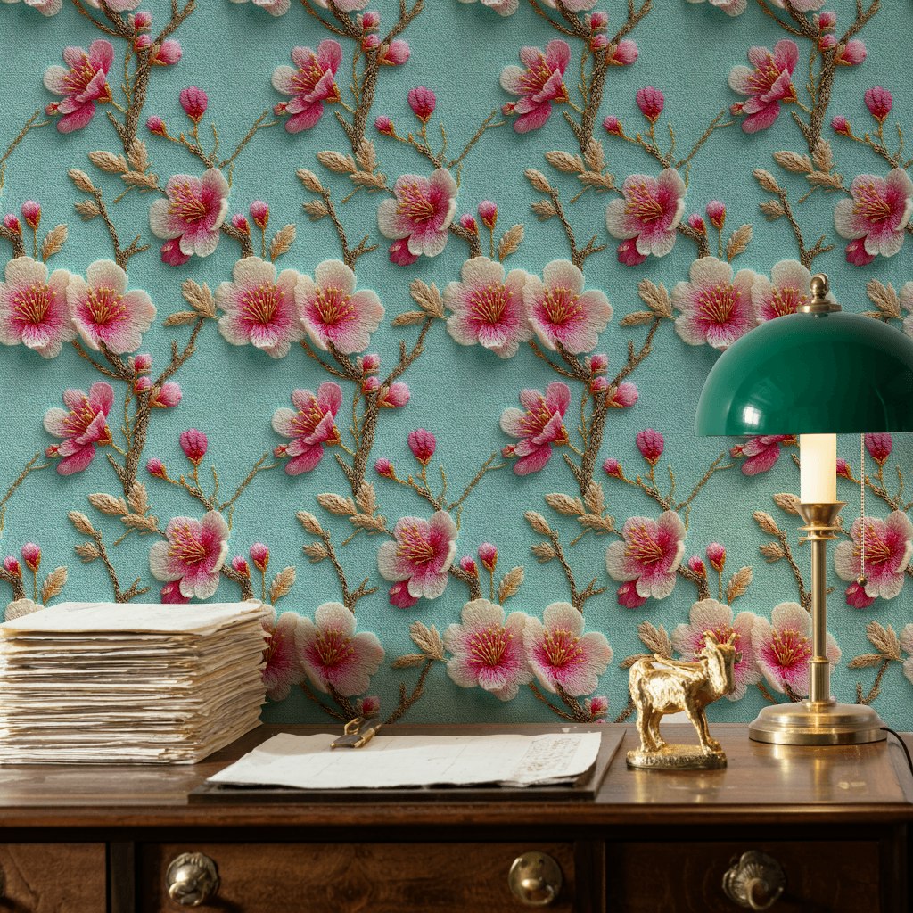 Sky Blue Cherry Blossom Floral Wallpaper