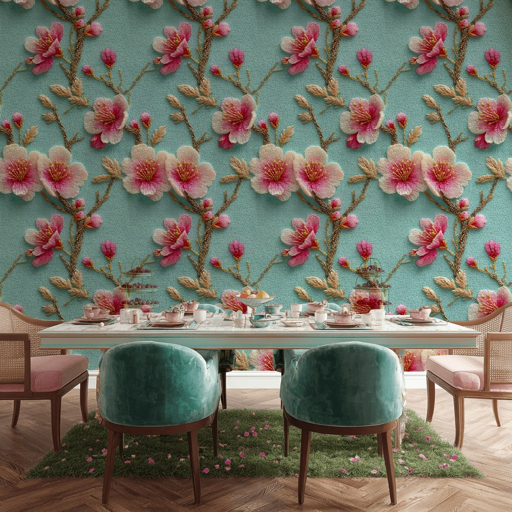 Sky Blue Cherry Blossom Floral Wallpaper